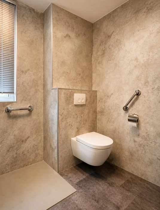 Wit hangtoilet met steunbeugels tegen steenlook wandpanelen naast de drempelloze douche