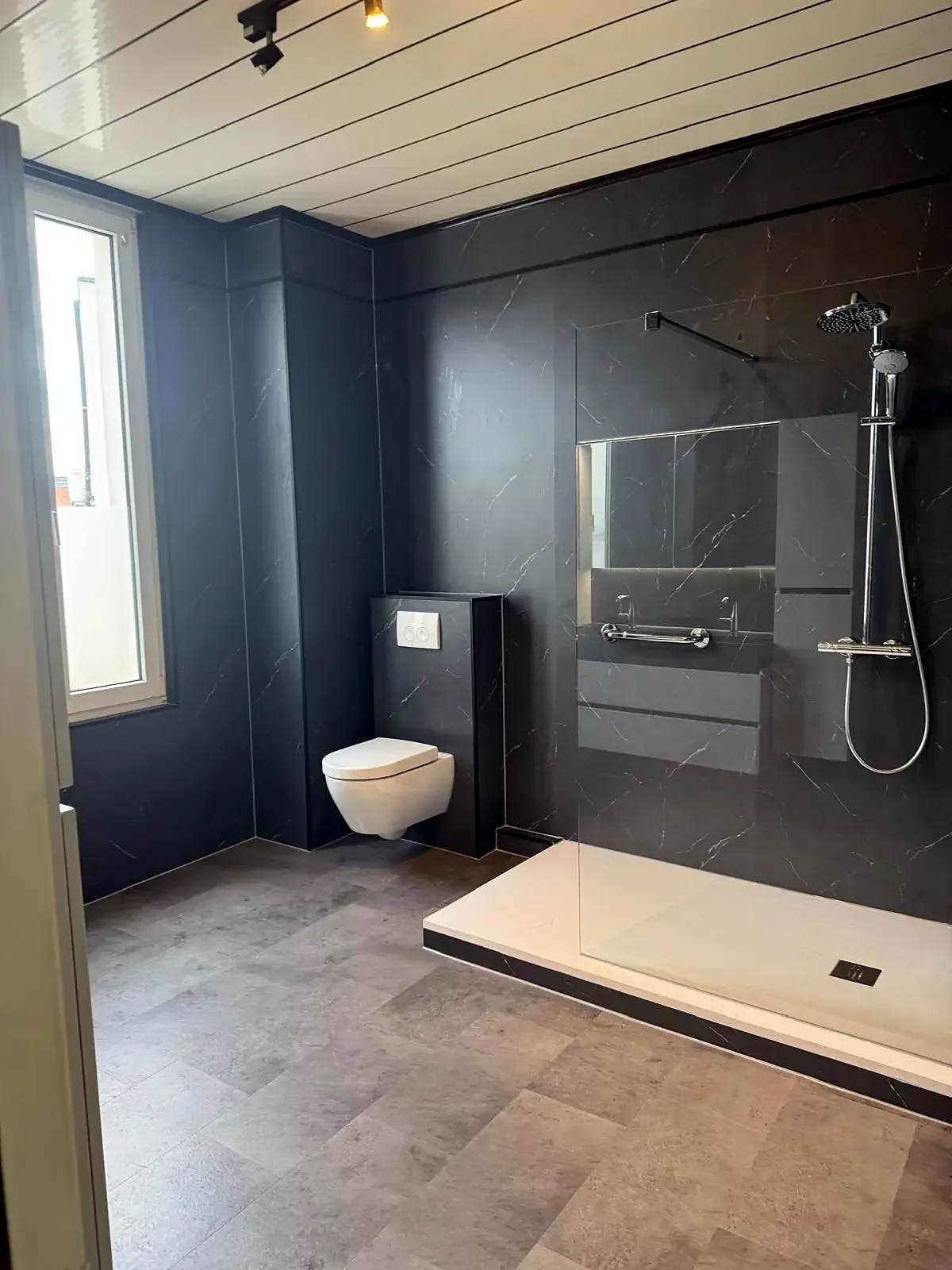 Complete gerenoveerde badkamer in antraciet met inloopdouche en hangtoilet